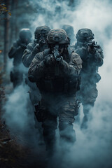 Fototapeta premium special forces soldier Currently performing duties in the forest, a smoky mission location