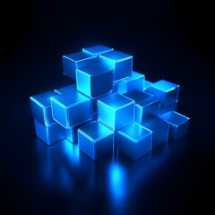 Obraz premium Blue glowing cubes stacked on a dark background, reflecting light.