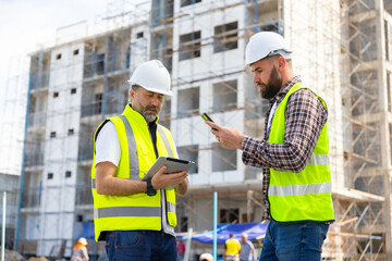 Architect and contractor working on building in construction site. Two Professional Architects Engineer Working on Personal laptop computer at house construction site