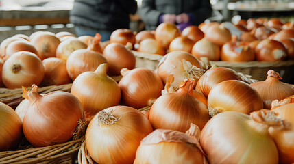 Freshly harvested golden onions , close-up. Ideal for promoting organic farming and local produce.