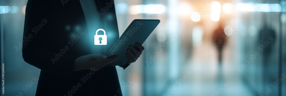 Poster business professional holding a tablet with a glowing lock icon in a blurred office environment. con