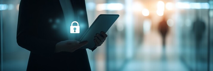 Business professional holding a tablet with a glowing lock icon in a blurred office environment. Concept of digital security and data protection.