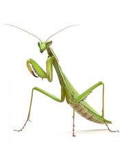 Vibrant Green Mantis in Dramatic Action Stance Captivating Lifelike Precision on Clean White Backdrop