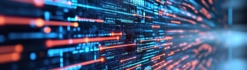 Fototapeta premium Abstract digital data flow visualized with colorful light trails on a dark background representing technology and information transmission.