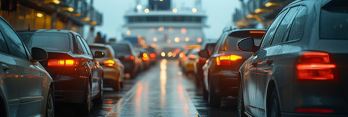 Fototapeta premium View from behind the car Cars in traffic jam on ferry, sea crossing by ferry