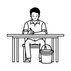 A man is sitting at a table with a bucket in front of him
