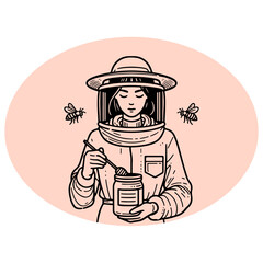 A woman in a beekeeper suit holding a jar