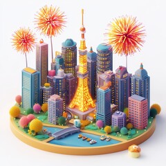 Isometric Illustration of 3d Tokyo city with firework in new year icon