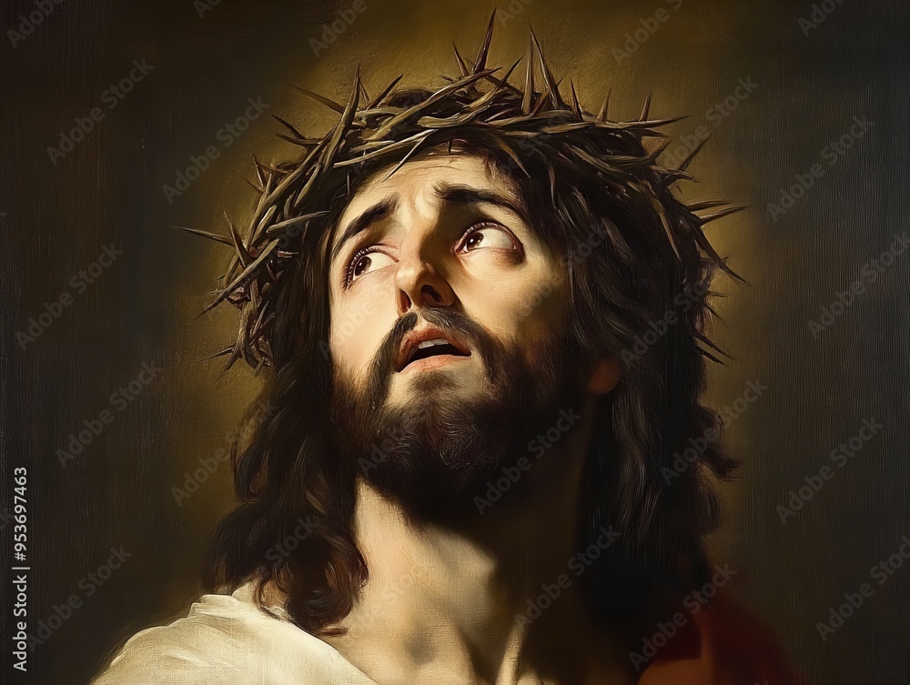 Wall mural portrait of jesus christ wearing crown of thorns, concept of resurrection and faith