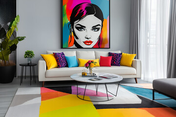 Scandinavian interior design of modern living room, home. Colorful vibrant pillows on white sofa against wall with art poster frame, Ai