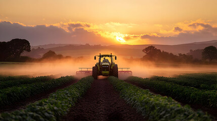 Fototapeta premium A tractor drives through a field at sunset, kicking up dust.