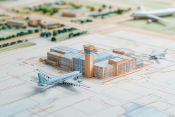 Airport expansion planning, detailed layouts and discussions, busy scene, watercolor style