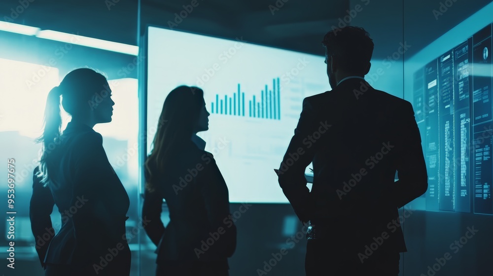 Poster silhouetted business professionals analyzing data on a large screen in a dark room. high-tech corpor