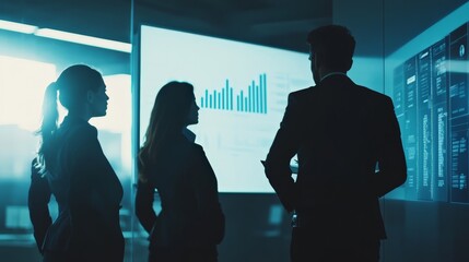 Silhouetted business professionals analyzing data on a large screen in a dark room. High-tech corporate environment and planning.