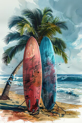Two colorful surfboards standing by a palm tree on a sandy beach with waves and a cloudy gray sky
