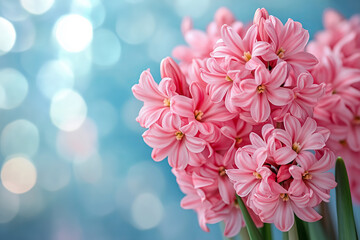 Pink hyacinth in spring, blurred background, pastel colors, soft focus.