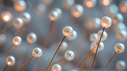 Obraz premium Straight pins with white pearl heads connected with thread