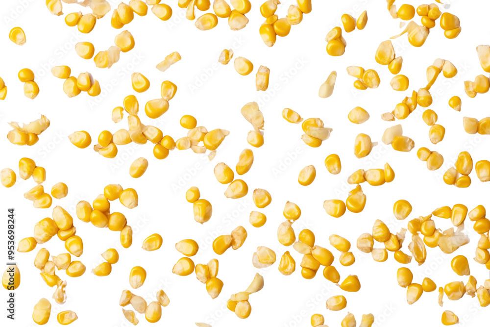 Wall mural Pattern of yellow corn seeds scattered in isolated, transparent background