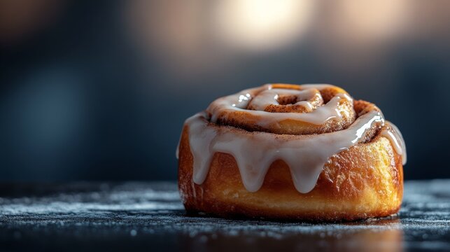 A high-quality AI-generated stock image of a warm, freshly baked cinnamon roll with a drizzle of icing, positioned on the right side of the frame, leaving ample space on the left for text.