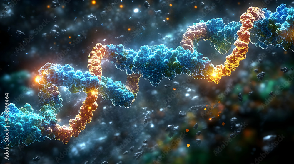 Poster a vibrant 3d rendering of a dna helix, showcasing its complex structure with glowing strands.