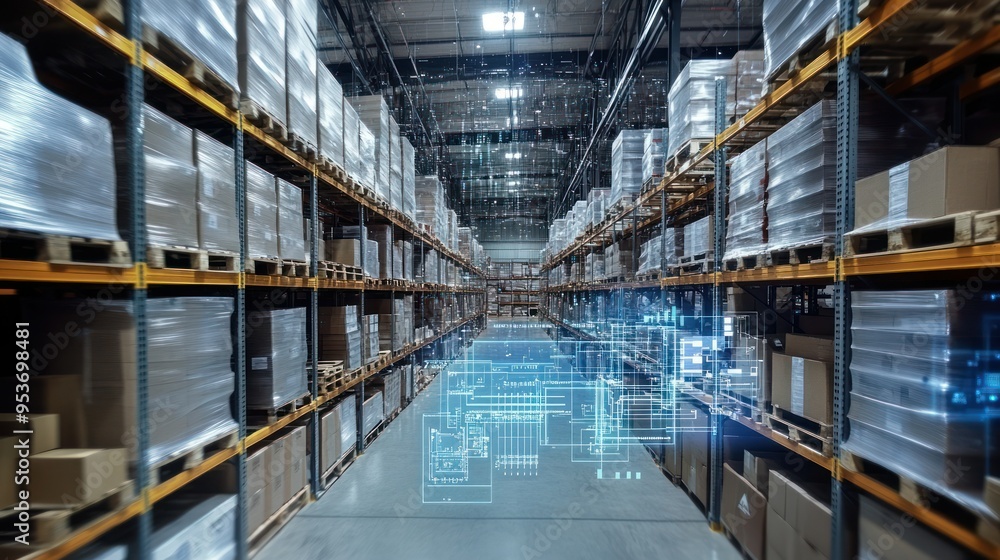 Poster warehouse interior with digital overlay illustrating automated processes