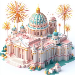 Isometric Illustration of 3d Vatican City with firework in new year icon
