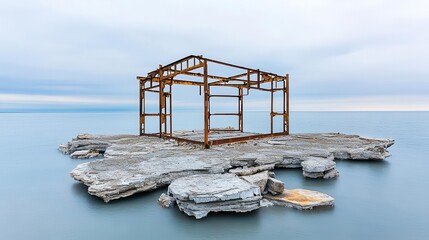 A barren flat island with a rusted metal framework of an abandoned facility, Post-apocalyptic, Muted colors, Atmospheric, Low-angle shot