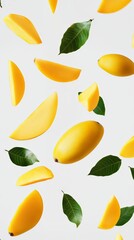 Obraz premium Floating mango slices and green leaves on a neutral background. Tropical-themed food photography