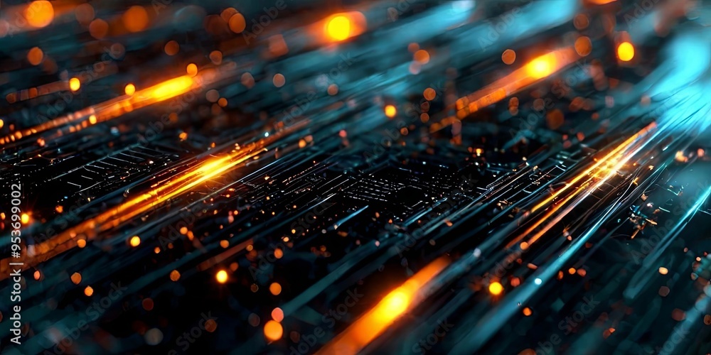 Poster a computer screen with a blue background and orange lines
