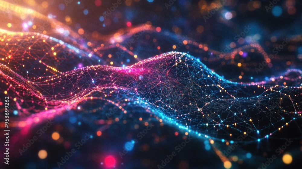 Poster abstract network of glowing points and lines in vibrant colors