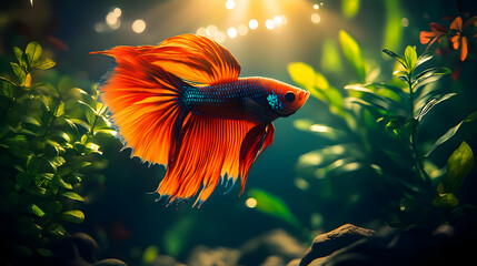 A vibrant orange betta fish with a long flowing fin swims in a freshwater tank with green plants.