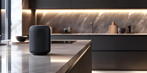 Modern Kitchen with Black Countertop and Ambient Lighting