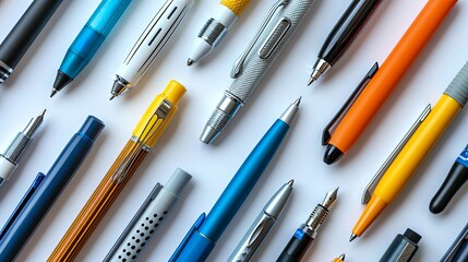 Top view of collection of pens on white background desk for mockup