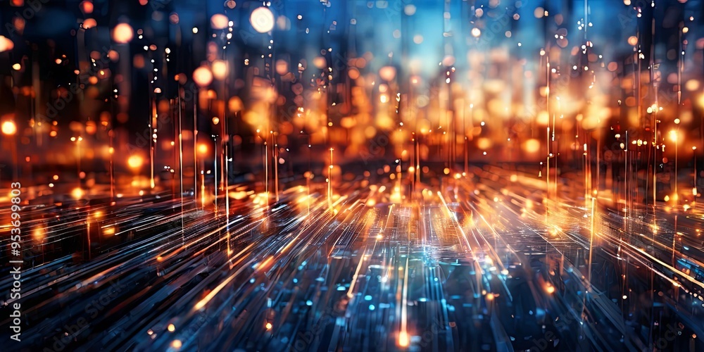 Poster a computer generated image of a cityscape with bright lights and a blue sky