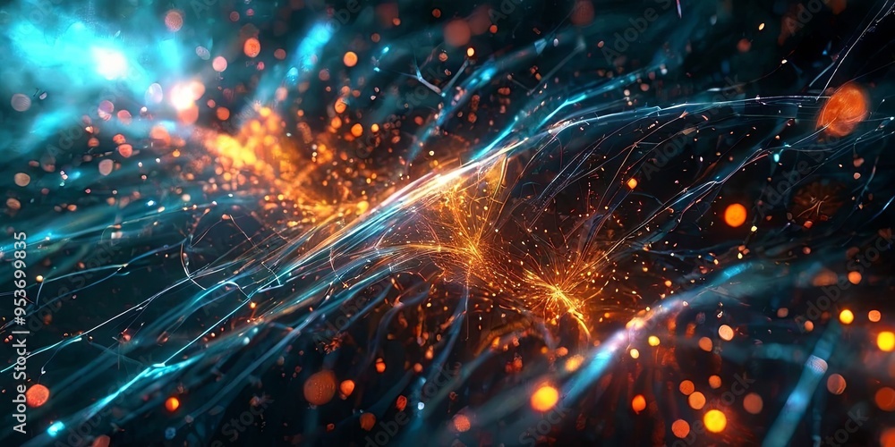 Poster a computer generated image of a colorful, glowing, and chaotic space with a blue