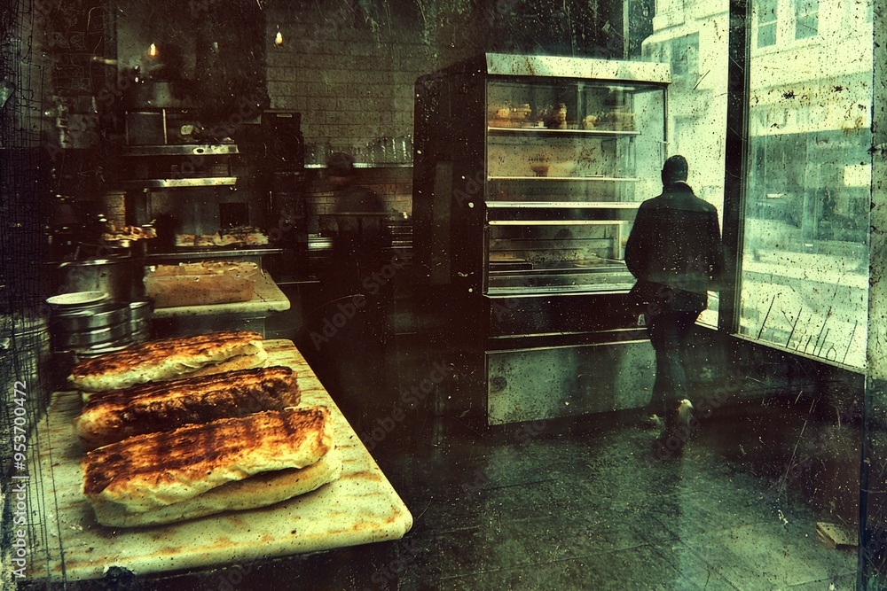 Poster a man looking through a window at a bakery display and bread
