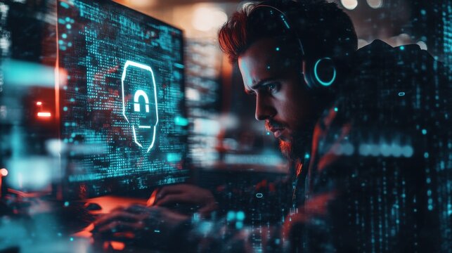 Side view of hacker using computers at desktop with glowing safety and security circuit padlock shield hologram on blurry background. Hacking and data theft.