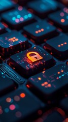 Fototapeta premium Close-up of a glowing lock icon on a keyboard key, symbolizing cyber security and data encryption. Highlighting the importance of protecting sensitive information online.
