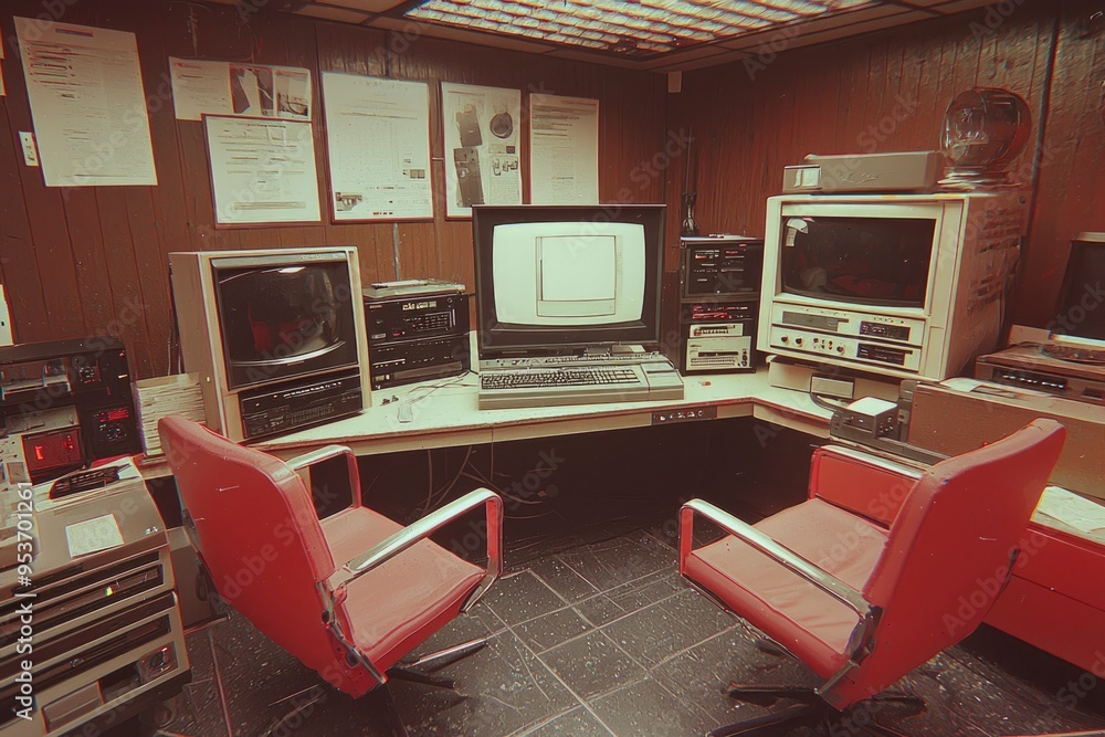 Poster a vintage computer workstation with crt monitors and a keyboard