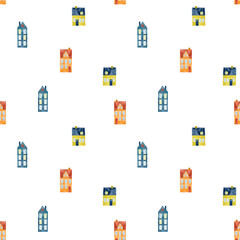 Cute seamless pattern watercolor houses on a white background. Old european houses with cartoon seamless background.