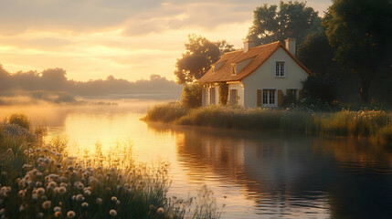 Obraz premium A white cottage sits on the bank of a tranquil river with a golden sunset reflecting on the water.