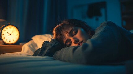  Woman Lying Awake in Bed, Staring at the Ceiling with Silent Night Clock