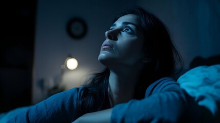  Woman Lying Awake in Bed, Staring at the Ceiling with Silent Night Clock