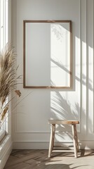 Wooden frame mockup in white minimalistic room with copy space for artwork, photo or print presentation
