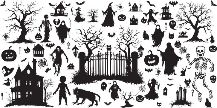Mix Silhouettes Sheet For Halloween day, ghost vampire, graveyard, cementry gate,candle