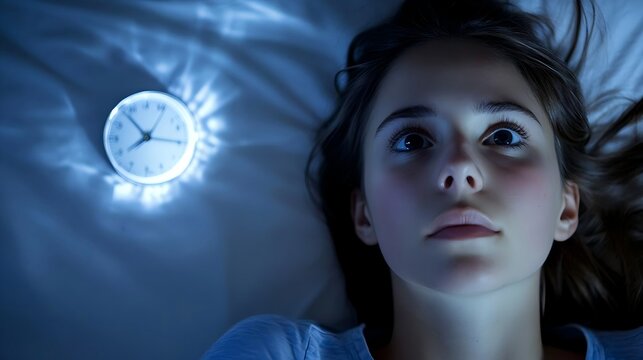  Woman Lying Awake in Bed, Staring at the Ceiling with Silent Night Clock