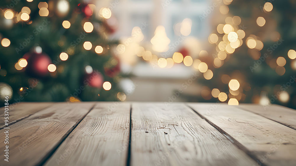 Wall mural Christmas background of an empty tabletop with a Christmas tree and sparkling bokeh lights in the background.