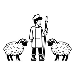 A man dressed in white and red holding a stick is standing between two sheep