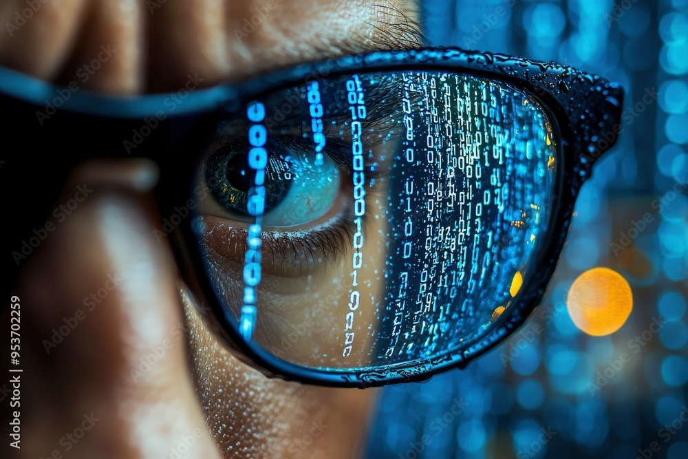 Aufkleber a close-up of a person's eye looking through glasses covered in rain and binary code