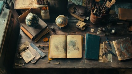 Vintage Objects on a Wooden Table with a Map